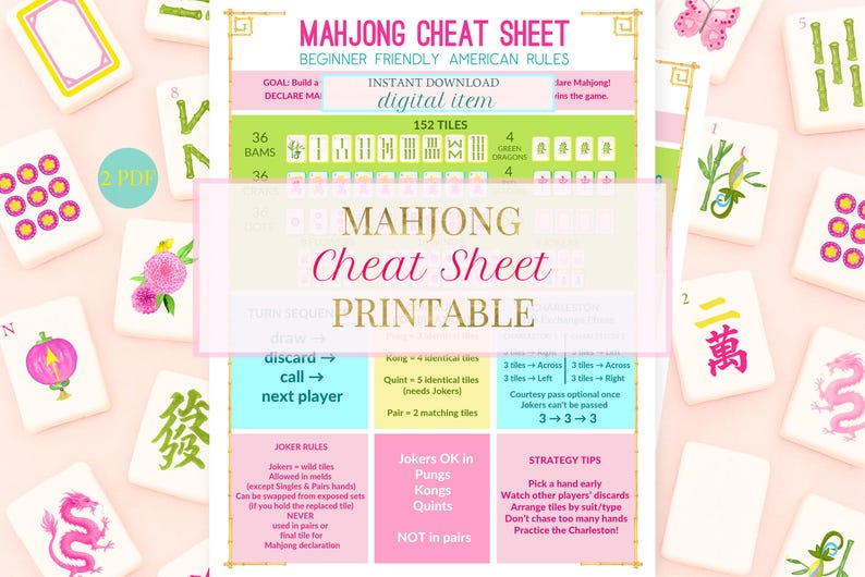 Puede incluir: Una hoja de trucos de Mahjong imprimible con reglas americanas para principiantes. El dise&ntilde;o incluye un fondo rosa, una tabla verde y blanca y varias fichas de Mahjong. El texto incluye "Mahjong Cheat Sheet" y "Instant Download".