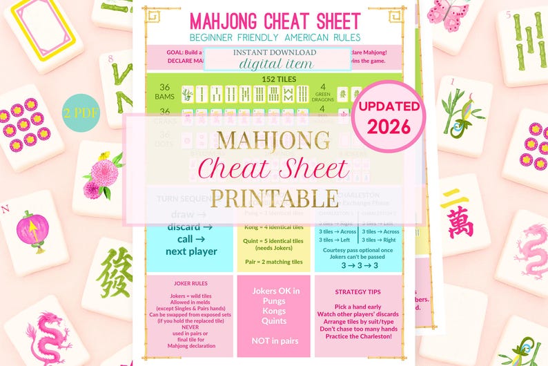 Puede incluir: Una hoja de trucos de Mahjong imprimible con reglas americanas para principiantes. El art&iacute;culo digital incluye 152 fichas y est&aacute; actualizado para 2026. La hoja presenta instrucciones del juego y consejos de estrategia, con fichas de Mahjong dispersas.