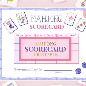 May include: A printable Mahjong Scorecard with a pink and blue design. The scorecard includes spaces for player names, game scores, and a total. The words "MAHJONG SCORECARD PRINTABLE" are prominently displayed. Mahjong tiles and dice surround the scorecard.