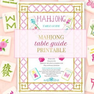 May include: A digital Mahjong table guide printable with a pink and gold design. The guide includes instructions and tips for beginners. Mahjong tiles with floral and Chinese character designs are scattered around the guide.