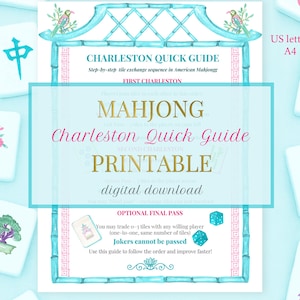 K&ouml;nnte beinhalten: Ein druckbarer Mahjong Charleston Quick Guide auf hellblauem Hintergrund. Der Leitfaden enth&auml;lt Text und Illustrationen mit den Worten "MAHJONG Charleston Quick Guide PRINTABLE digital download". Mahjong-Steine mit floralen und architektonischen Designs umgeben den Leitfaden.
