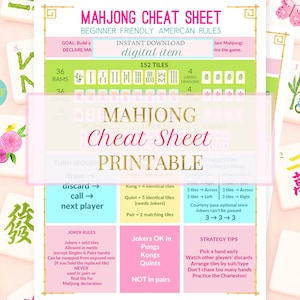 Puede incluir: Una hoja de trucos de Mahjong imprimible con reglas americanas para principiantes. El dise&ntilde;o incluye un fondo rosa, una tabla verde y blanca y varias fichas de Mahjong. El texto incluye "Mahjong Cheat Sheet" y "Instant Download".
