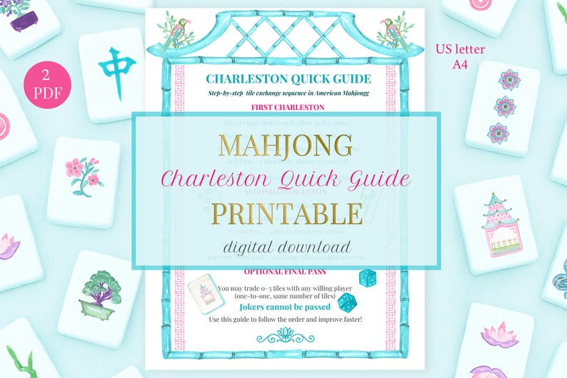 K&ouml;nnte beinhalten: Ein digitaler Download eines druckbaren Mahjong Charleston Quick Guide. Der Leitfaden ist von Mahjong-Steinen mit floralen und chinesischen Symbolen umgeben. Der Leitfaden ist in einem t&uuml;rkis-rosa Farbschema gehalten.