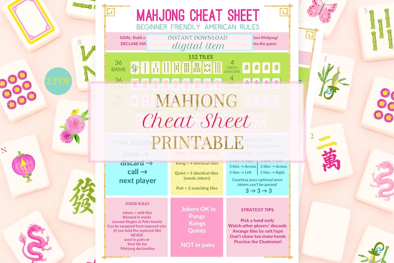 Puede incluir: Una hoja de trucos de Mahjong imprimible con reglas americanas para principiantes. La hoja incluye una secuencia de turnos, reglas de comod&iacute;n y consejos de estrategia. El fondo es rosa claro, con fichas de Mahjong esparcidas.
