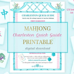 K&ouml;nnte beinhalten: Ein digitaler Download eines druckbaren Mahjong Charleston Quick Guide. Der Leitfaden ist von Mahjong-Steinen mit floralen und chinesischen Symbolen umgeben. Der Leitfaden ist in einem t&uuml;rkis-rosa Farbschema gehalten.