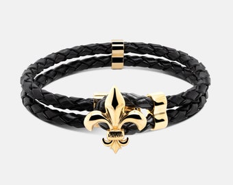 Fleur de Lys "Regalia" Kalos bracelet, men's braided leather bracelet, gold-plated Fleur De Lys silver bracelet for men, gift