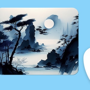 Blue Japanese landscape MOUSEPAD, Soft Polyester Mouse Pad, Premium Printing, Long-Lasting Colors, Unique Design, Thoughtful Gift