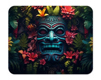 Tiki Mask Mouse Pad, Hawaiian Design, Polyester Fabric, Rubber Base