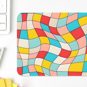 Retro kariertes Mauspad niedliches einzigartiges abstraktes gewelltes geometrisches Mousepad quadratische bunte groovy ästhetische Schreibtischmatte, coole kleine Mausunterlage
