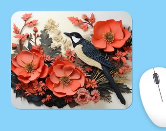Red Flower Bird Mouse Pad, Floral Office Decor