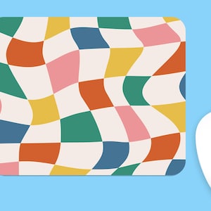Retro gewelltes kariertes Mauspad, niedliches einzigartiges abstraktes gewelltes geometrisches Mousepad quadratische bunte groovy ästhetische Schreibtischmatte, coole kleine Mausunterlage