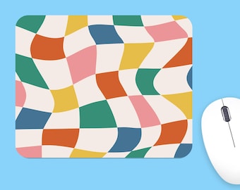 Retro Wavy Checkered Mouse Pad, Colorful Groovy Desk Mat