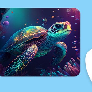May include: A vibrant, iridescent sea turtle swims through a dark blue and purple underwater scene. The turtle's shell is a mix of green, blue, and purple, with a detailed pattern of scales. The background features coral reefs and other marine life.