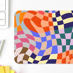 Retro kariertes Mauspad, niedliches einzigartiges abstraktes gewelltes geometrisches Mousepad quadratisches buntes groovy ästhetisches Schreibtischset, cooles kleines Mauspad