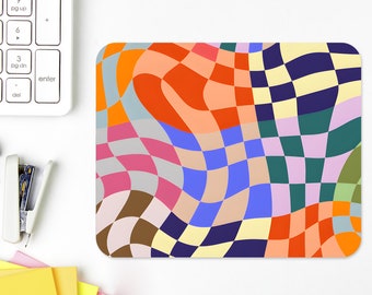 Retro Checkered Mouse Pad, Cute Unique Abstract Wavy Geometric Mousepad Square Colorful Groovy Aesthetic Desk Mat, Cool Small Mouse Pad