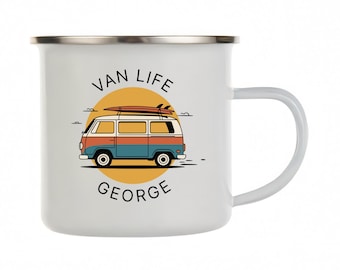 Personalized Van Life Enamel Mug, Custom Camper Coffee Cup, Adventure Travel Gift