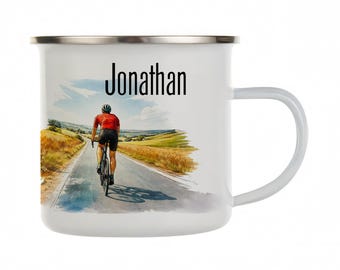 Personalized Cycling Enamel Mug, Custom Cyclist Coffee Cup, Bike Lover Gift