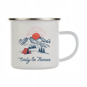 Gepersonaliseerde campingcadeau, gepersonaliseerde campermok, emaille campingmok, avontuurlijke mok, campingmok, kampvuurmok, campercadeau, bergmok