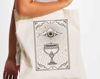 The Moon tarotkaart draagtas, mystieke kat draagtas, tas Celestial Witchy, spirituele canvas draagtas, cadeau occult thema, tas astrologieliefhebber
