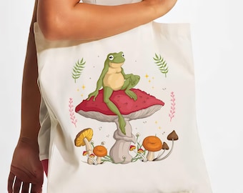 Frosch auf Pilz Canvas Einkaufstasche, Cottagecore