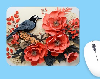 Red Flowers & Bird Mouse Pad, Floral Desk Decor