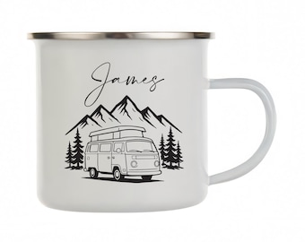 Personalized camping enamel mug with name. Gift for campers & vanlife. Gift for adventurers. Picnic mug. Outdoor mug.