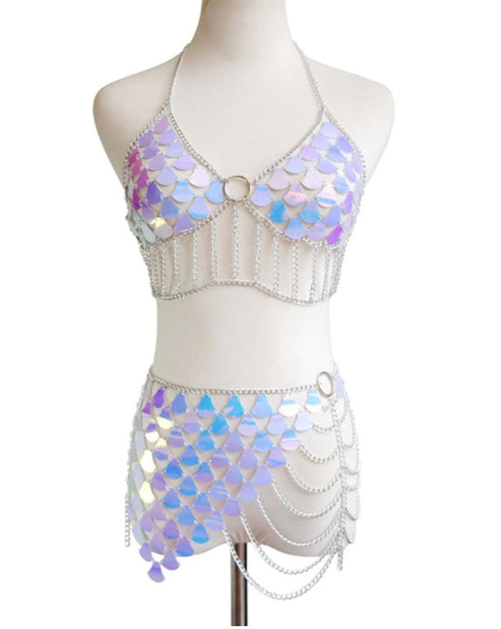 Mermaid Costume Backless Bra Top - Handmade - Size 36C - Teal Sequins and  Pearls