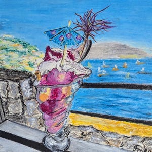 Small seascape painting, embroidered with a passepartout and frameless. Sweet moment on the beach.