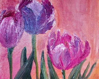 Peinture à l'huile sur toile tendue sur carton. Recouvert d'un vernis légèrement brillant. Tulipes roses sur fond rose