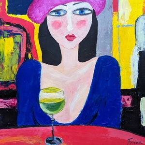 Decoración de bar, cuadro al óleo decorado en passepartout. Tamaño de la imagen 25 x 25 cm.  Montaje 40x40 cm. soñador parisino