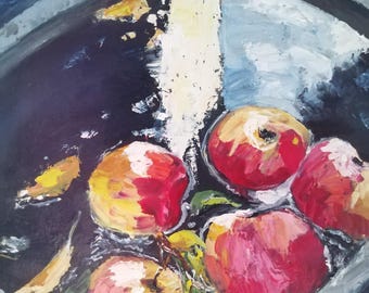 Still life 40 x 50 cm – Red apples in water, oil painting on canvas for kitchen & dining room