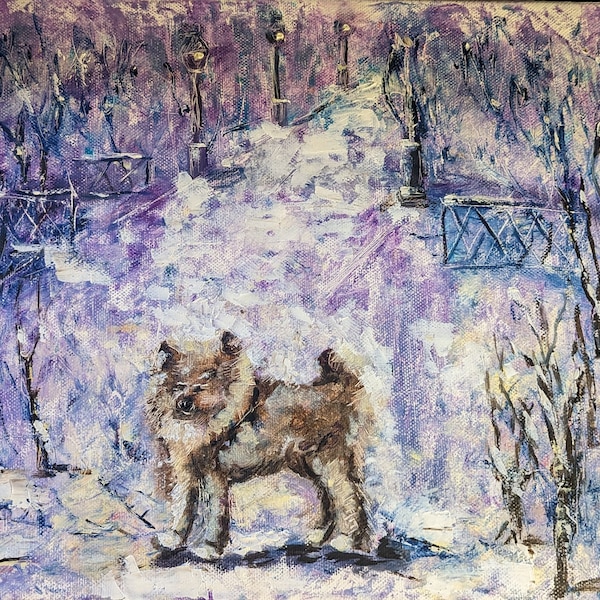 Petite peinture à l'huile sur toile sous châssis. Convient pour une chambre d'enfant. Chien seul dans le paysage d'hiver de la ville avec chiot