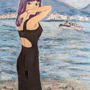 Modern art, miniature oil pastel painting, girl at sunset by the sea, with a passepartout without a frame