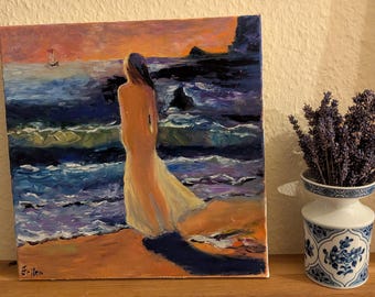 Coastal oil painting 30 x 30 cm – Girl by the sea at sunset, original beach mural