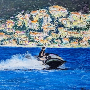 Hombre Moto Acuática - Regalo personalizado para hombre. Pequeña pintura al óleo pastel sobre lienzo, cosida con paspartú y marco.