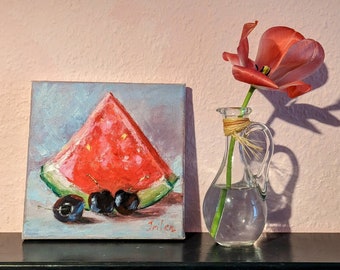 Still life with fruit – Small oil painting on canvas 20 x 20 cm, kitchen wall art, original hand-painted