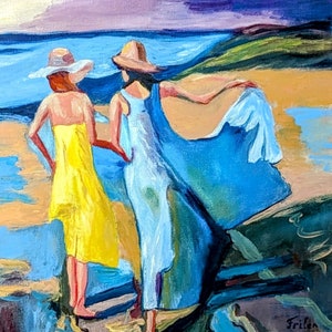 Pintura al óleo - Chica caminando por la playa - Mini paisaje marino cuadrado - Lienzo, 30 x 30 cm