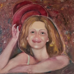 Oil portrait of a woman - lady with a red hat. Executed in calm tones. Size: 50 x 50 cm