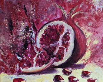 Still life 20 x 20 cm – Pomegranate picture, Small oil painting for kitchen