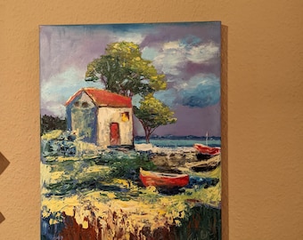 Original oil painting on canvas – coastal landscape with sea and boats, maritime wall art 40 × 50 cm