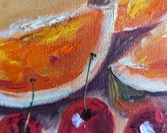 Kitchen picture 20 x 20 cm – Still life with oranges and cherries, Small oil painting