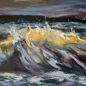 Maritime wall art – small oil painting on canvas with a stretcher frame. Sunny Sea Wave. Size 30 x 40 cm.
