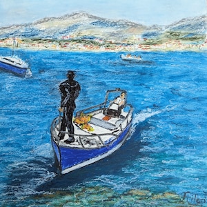 Mini pintura al óleo pastel sobre kraton bordada en paspartú: velocidad y sol. Un día de verano en Montenegro