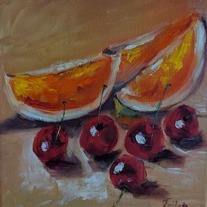 Kleurrijke keukendecoratie - Fruitstilleven - Olieverfschilderij - 20 x 20 cm - Levendig fruitthema