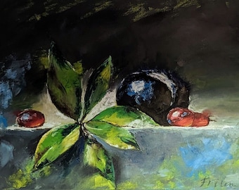 Still life 40 x 50 cm – plums and grapes, oil painting on canvas for kitchen & dining room