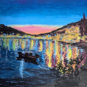 Imagens do mar em pastel a óleo sobre craton, emolduradas com passepartout. Luzes do Porto Noturno