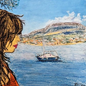 Paysage marin original avec bateau et fille, pastel à l&#39;huile sur carton mat, 20 x 20 cm - Art mural côtier