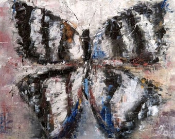 Small oil painting for interiors, on canvas in a stretcher frame. Pixelated butterfly in gray tones