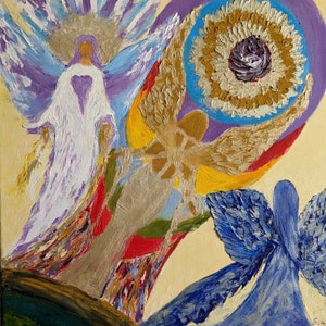 Oil painting on canvas on a stretcher frame. Size 40 x 40 cm. Angels radiate love to the earth. Light of the angels