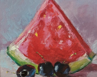 Still life with fruit – Small oil painting on canvas 20 x 20 cm, kitchen wall art, original hand-painted